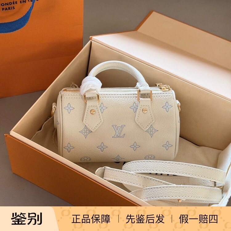 【Kkkk】Lv Louis Vuitton Speedy Nano Grain Leather Shoulder Crossbody Handbag White with Blue Accents