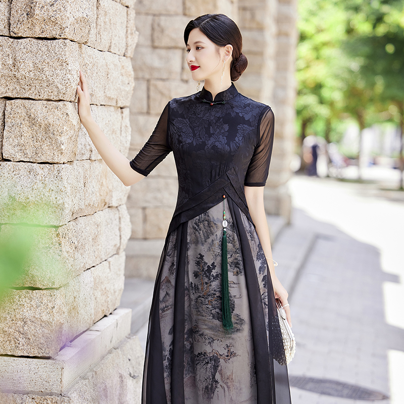 Spring summer retro black long cheongsam, lightweight dress for mother, Chinese style, city style