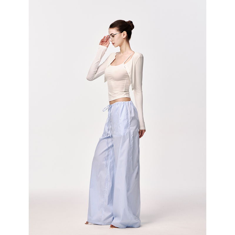 Jlaunt Pure Cotton Blue Striped Casual Pants for Women, Niche Design, Loose and Lazy Floor-Length Wide-Leg Pants