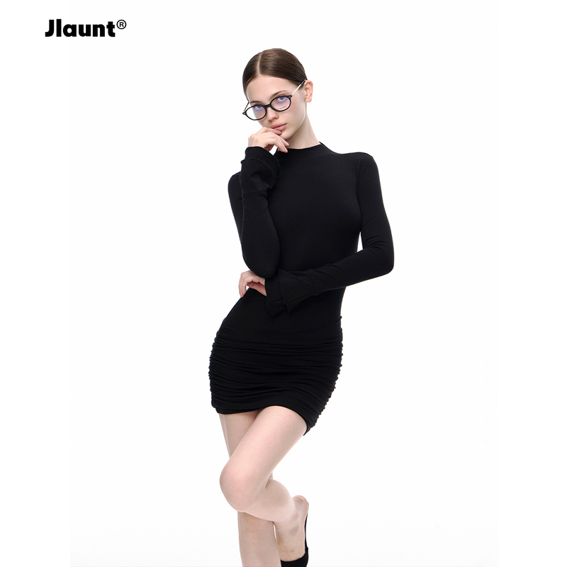 Jlaunt Black Long-Sleeved Dress for Women, Autumn Design, Slim Fit, Slimming, Inner Layer, Bodycon Short Skirt