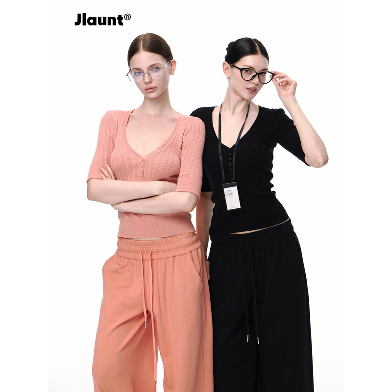 Jlaunt 100% Cotton Orange T-Shirt for Women, Mid-Sleeve, Ribbed Hem, Slim Fit, Versatile, Three-Color V-Neck Knit Top