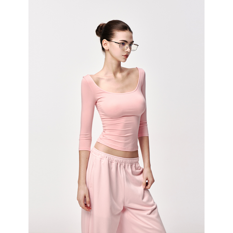 Jlaunt Modal Pink T-Shirt for Women, Summer Slim-Fit Base Layer, Mid-Length Sleeves, Regular Shoulder, American Style Hot Girl Top