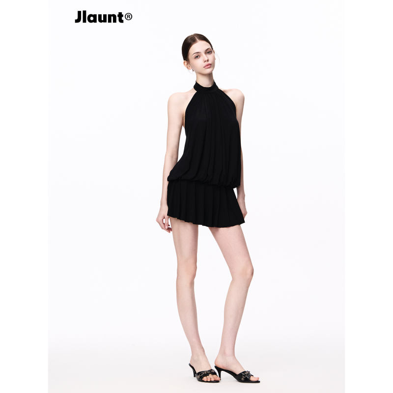 Jlaunt Modal Black Sleeveless Halter Dress for Women, Summer Design, Backless Dress, Hot Girl Floral Short Dress