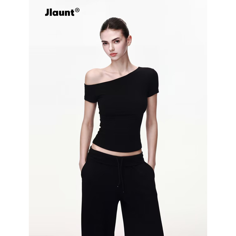 Jlaunt Black Off-Shoulder Short-Sleeve T-Shirt for Women, Summer Slim-Fit Inner Wear, American Style Hot Girl Slanted Shoulder Top