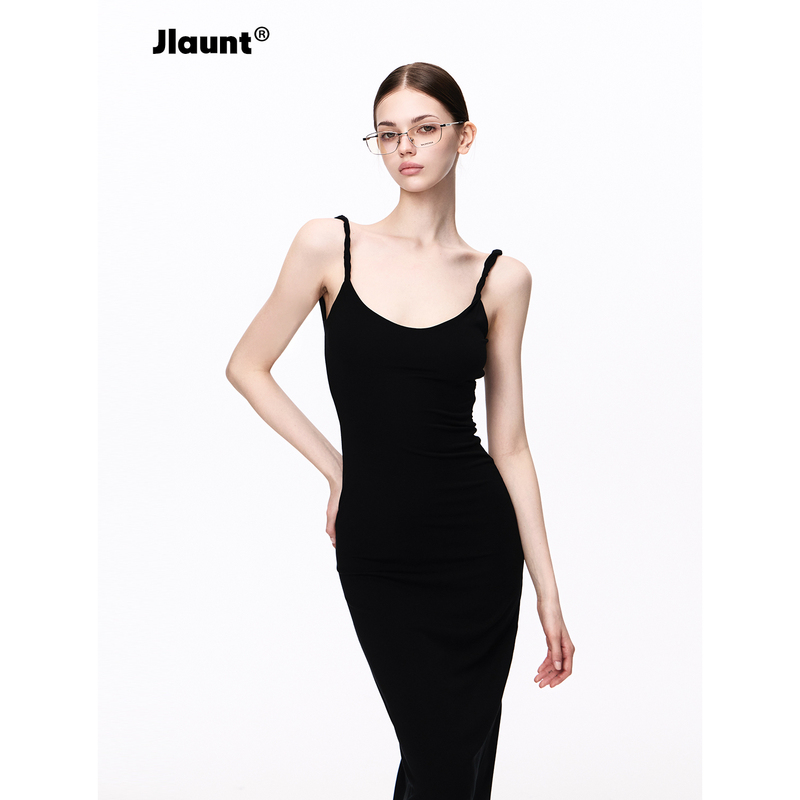 Jlaunt Modal Black Dress for Women, Summer Slim Fit, Waist-Cinching, American Style, Long Spaghetti Strap Bodycon Dress