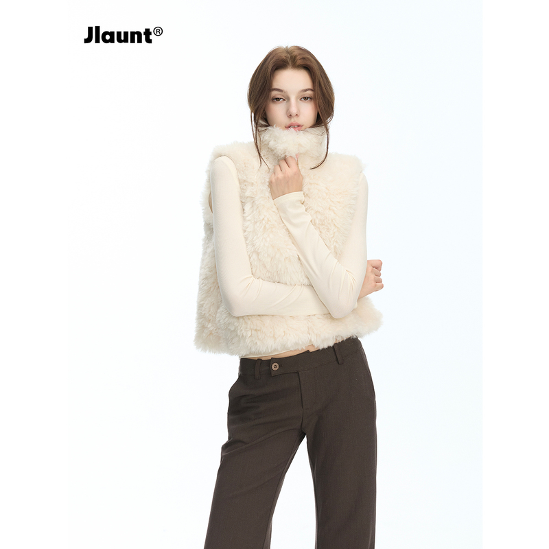 Jlaunt Plush Faux Rabbit Fur Vest for Women, Autumn and Winter Outerwear, Sleeveless Vest Jacket
