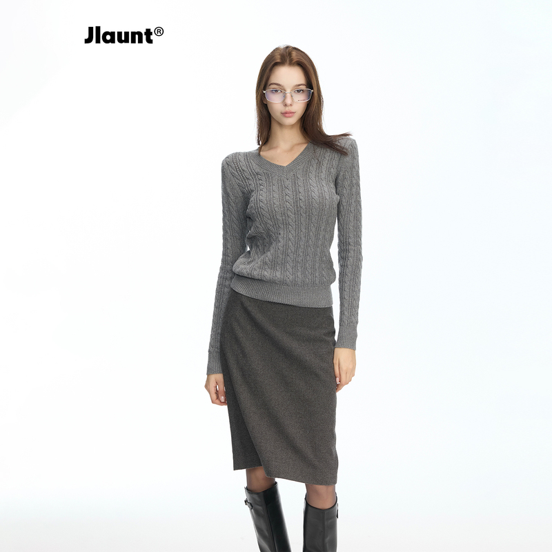 Jlaunt Gray Sweater for Women, Autumn Slim Fit, Base Layer, Inner Wear, T-Shirt, V-Neck, Cable Knit, Long-Sleeve Top