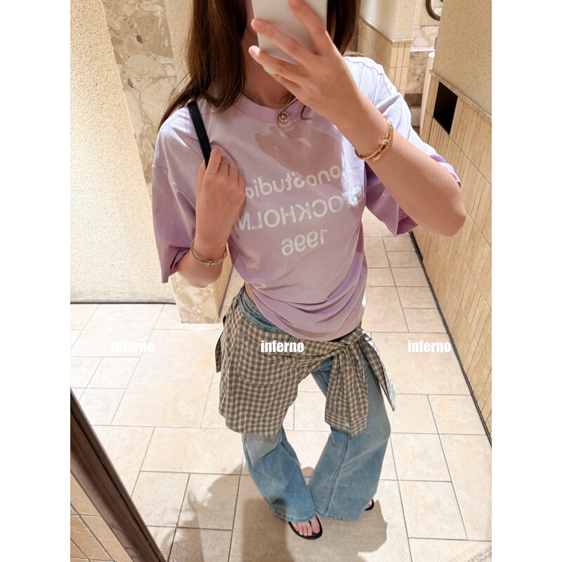 Flame ▼ Summer American-Style Niche 1996 Letter Vintage Taro Purple Short-Sleeve T-Shirt for Women, Loose Casual Thin Top