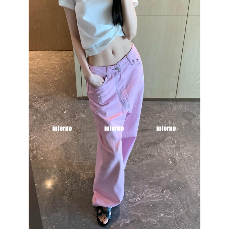 Flame ▼ Summer American-Style Niche 1996 Retro Dopamine Pink Denim Jeans for Women, Loose Trendy Slimming Long Pants.