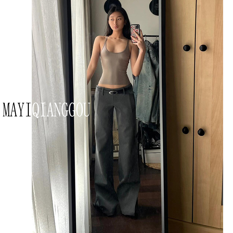 180cm Tall, Extra-Long 175cm American-Style Gray Low-Waisted Flared Suit Pants for Women, Non-Tight, Drapey Wide-Leg Floor-Length Pants