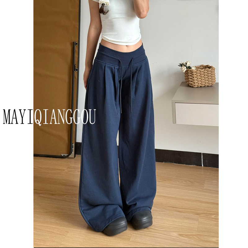 175cm Tall Women's Navy Blue Sweatpants, Slimming Casual Pants, Versatile Straight-Leg Loose Wide-Leg Floor-Length Pants