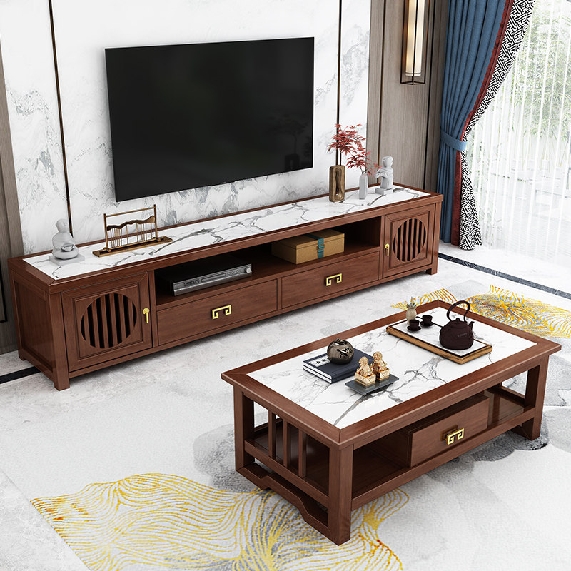 New slate TV cabinet tea table combination new Chinese style all solid wood storage floor cabinet modern light luxury living room video cabinet