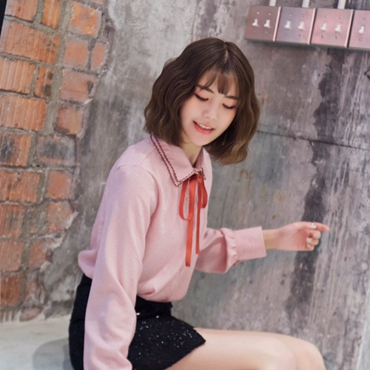 Áo sơ mi nữ tay dài 2018 xuân mới phiên bản Hàn Quốc của đại học sọc gió nơ đôi cổ áo sơ mi nữ áo sơ mi khoác ngoài nữ