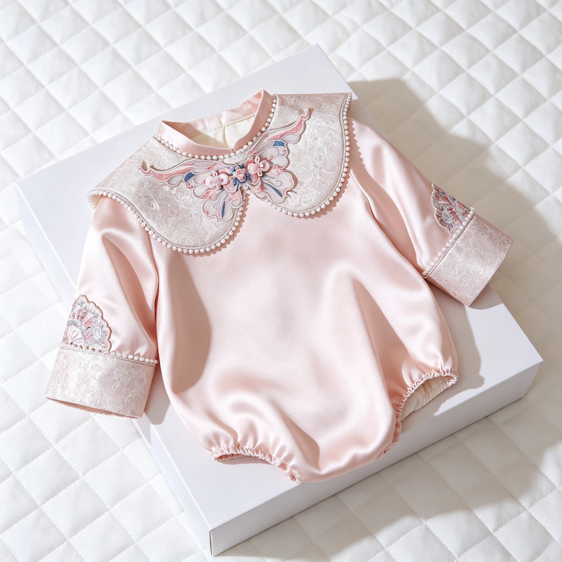 Traditional Chinese Style Embroidered Cloud-Shoulder Long-Sleeve Romper for Baby Girls, 100-Day Celebration, First Birthday, and First Birthday Ceremony Dress, Satin One-Piece Jumpsuit Traditional Chinese Style Embroidered Cloud-Shoulder Long-Sleeve Romper for Baby Girls, 100-Day Celebration, First Birthday, and First Birthday Ceremony Dress, Satin One-Piece Jumpsuit