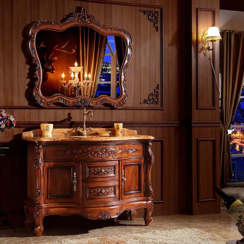 European Bathroom Cabinet Red Oak Washbasin Cabinet Floor-Standing Washbasin Solid Wood Antique Bathroom Cabinet Marble Basin Cabinet European Bathroom Cabinet Red Oak Washbasin Cabinet Floor-Standing Washbasin Solid Wood Antique Bathroom Cabinet Marble Basin Cabinet