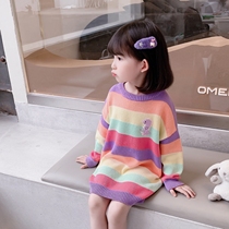 Girl Fall Long Sleeve Sweater Dress 2021 new female baby Han version loose with long-style knitted sweatshirt child streaks