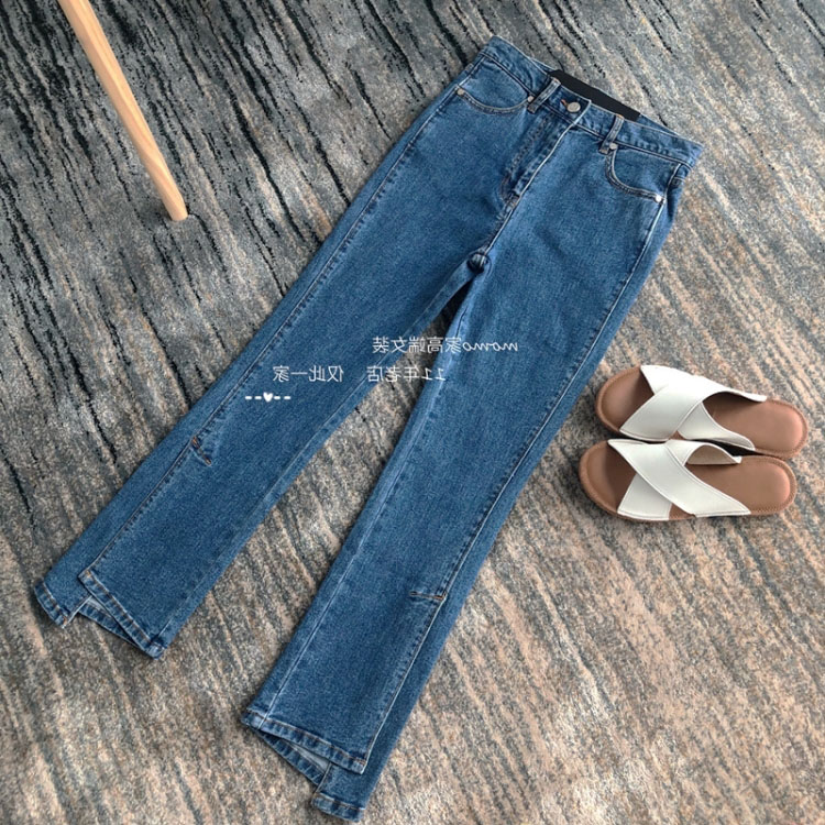 Pure Yuan ~ Giant skinny Korean tail single Microlao irregular open fork jeans Women in summer thin horn pants YKK