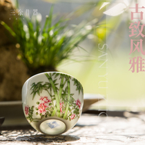 Yongzheng poetic moon season green bamboo high-end Jingdezhen hand-painted enamel color teacup Tea cup Tea cup Master cup Single cup