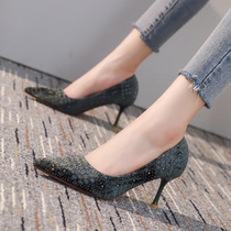 Sexy pointed black womens shoes 2020 new spring shoes rhinestone shallow mouth French girl high heels fine heel shoes for women