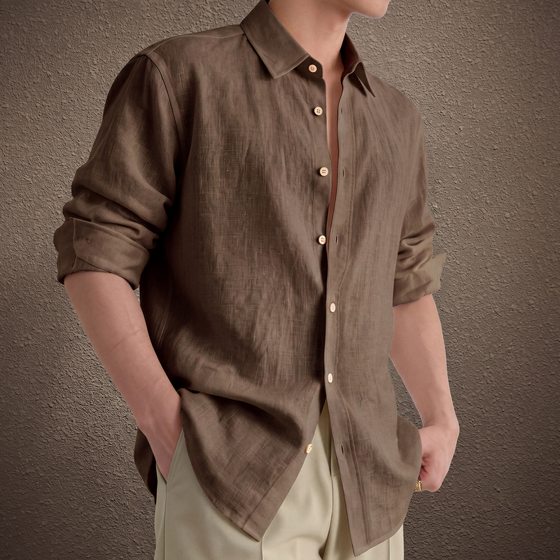 High-End American Retro Linen Long-Sleeve Collared Shirt for Men, 2026 Autumn New Loose Old Money Style Shirt for Men
