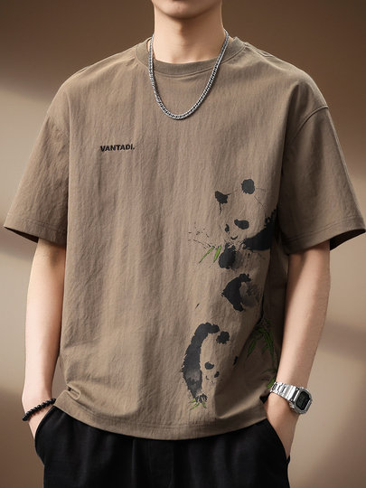 Kurzarm-T-Shirt aus Leinen mit Panda-Print im High-End-Design für Herren, Sommer, neues lockeres, großes Herren-Halbarm-T-Shirt