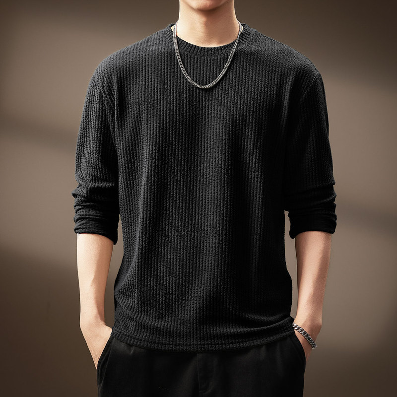 High-End Vertical Striped Simple Textured Knit Sweater for Men, New Spring and Autumn Style, Warm, Comfortable, Loose and Versatile Base Layer Shirt