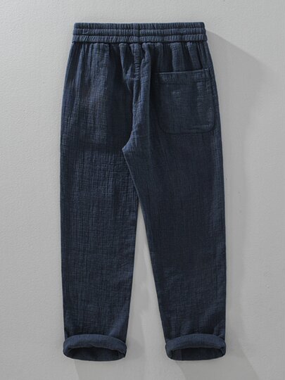 Autumn and Winter Double-Layer Linen Textured Casual Pants for Men, Japanese Retro Drawstring Elastic Waist Straight-Leg Long Pants Trendy