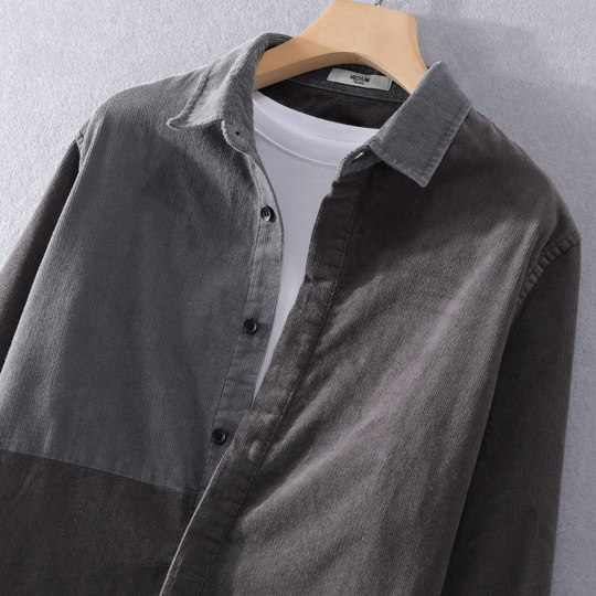 Spring and Autumn Men's Corduroy Shirt, Retro Color-Blocking Casual Jacket, Youth Loose and Comfortable Pure Cotton Corduroy Shirt