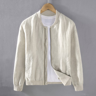 High-End Yarn-Dyed Pure Linen Baseball Collar Jacket for Men, Old Money Style Retro Full Linen Chinese Stand-Up Collar Top Jacket