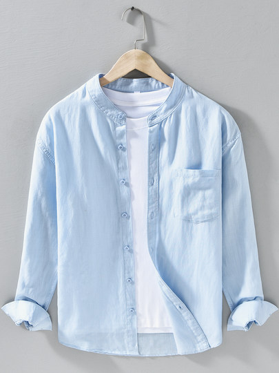 Elegant Gentleman Tencel Linen New Chinese Style Stand Collar Shirt for Men, Long Sleeve, Old Money Retro Original Linen Color with Pocket Design