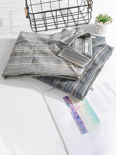 Japanese-Style High-End Ethnic Jacquard Vertical Striped Shirt for Men, Loose Retro Casual Long-Sleeve Shirt Jacket Trendy