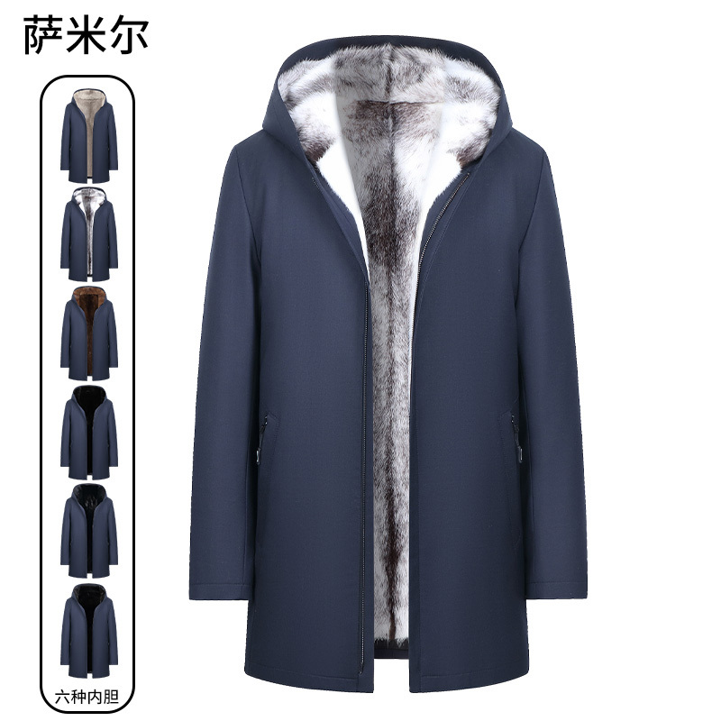 Haining Hooded Parka with Imported Whole Mink Fur Lining, Mink Fur Coat, Men's Mid-Length Thickened Winter Coat