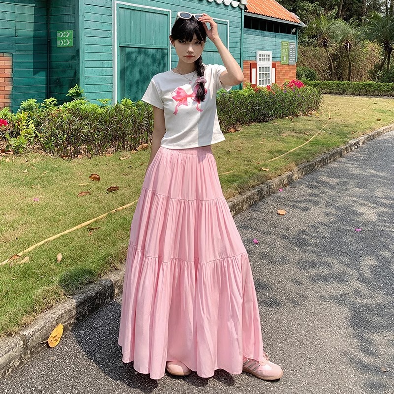 Dopamine Gentle French-Style Pink Skirt for Women, Summer High-Waisted Draped Long Cake Skirt, Pleated Long Skirt for Spring and Autumn