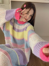 Maternity autumn sweater dopamine wear striped knitted dress lazy style loose mid-length skirt winter