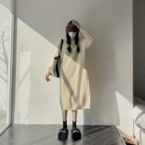 Maternity autumn and winter sweaters 2023 new Korean style knitted skirt loose solid color mid-length dress autumn and winter