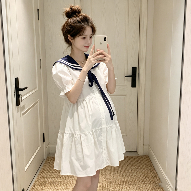 High-End Maternity Wear, Summer Dress, College Style, Navy Collar, Tie-Up, Loose Maternity Dress, Summer French-Style Pregnancy Outfit