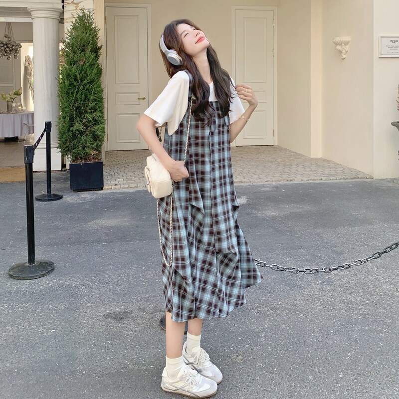 Maternity Summer Dress 2026 New Retro Style Fake Two-Piece Plaid Loose Maternity Dress Summer Trendy Mom Pregnancy Outfit