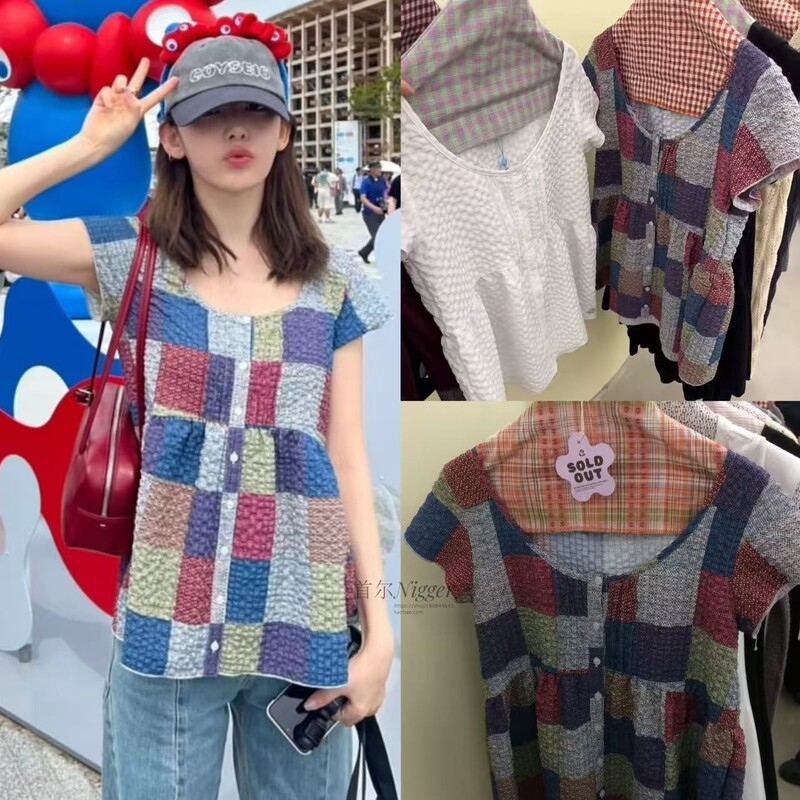 Spot Coyseio 25 New Sakura Gong Threats Saki Same Style Plaid Color-Blocked Short-Sleeved Shirt Tops for Women