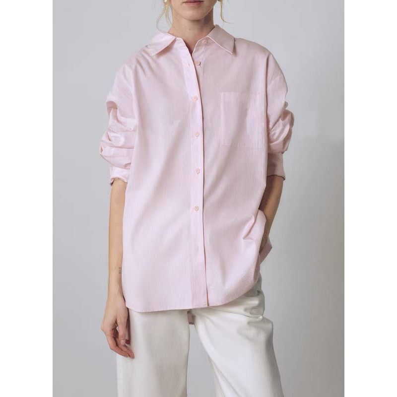 Age-Reducing Pink Striped Pure Cotton Loose Long-Sleeved Shirt