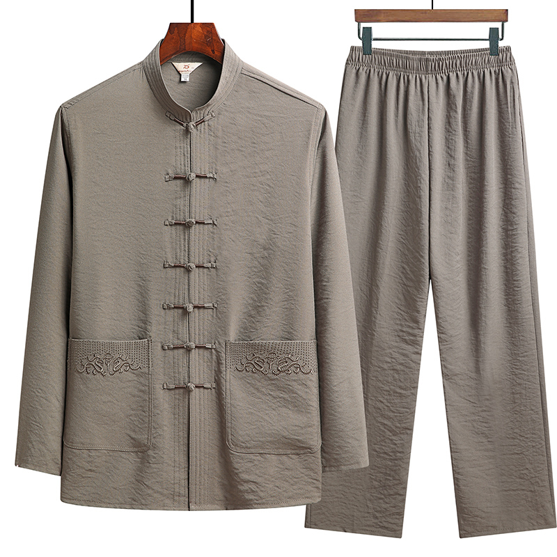 Cotton Silk Long-Sleeved Suit for Men, Spring and Summer, Middle-Aged and Elderly Pajamas, Loose Chinese Style Casual Home Wear Cotton Silk Long-Sleeved Suit for Men, Spring and Summer, Middle-Aged and Elderly Pajamas, Loose Chinese Style Casual Home Wear