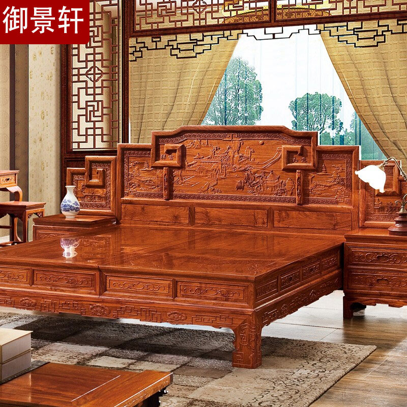 Mahogany hedgehog red sandalwood storage carving master bedroom solid wood Ming and Qing Dynasty Hua big bed rosewood classical carving 1 8 beds