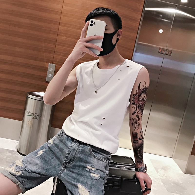 2021 net red sleeveless vest men's T-shirt summer wear waistband loose Tide brand hole sports fitness horse clip