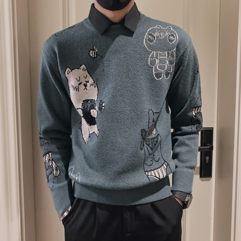 Men's sweater 2020 new Korean trend cartoon sweater men autumn and winter thick warm inside base shirt