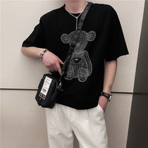 Black loose bear hot diamond T-shirt mens fashion brand ins explosive personality wild short sleeve summer new half sleeve shirt
