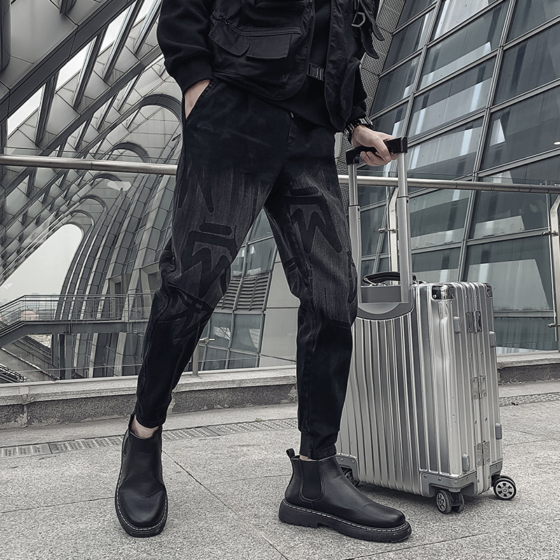 Jeans men's Tide brand foot spring and autumn trend Ruffian winter clothes plus velvet thick casual long pants 2021 New