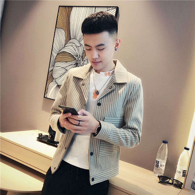 Men's autumn coat Korean fashion slim Joker stripes thick woolen jacket 2021 new winter coat