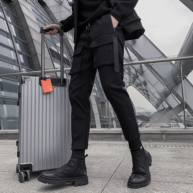 Dark overalls pants men's autumn and winter Korean version of the trend Joker plus velvet thickened Tide brand function ruffles casual pants