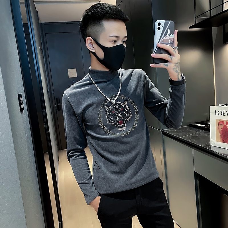 Spring and Autumn Semi-high neck base shirt Tide Brand Personality Slim Long Sleeve T-shirt Men's Winter De Velvet Tessel Fashion Top