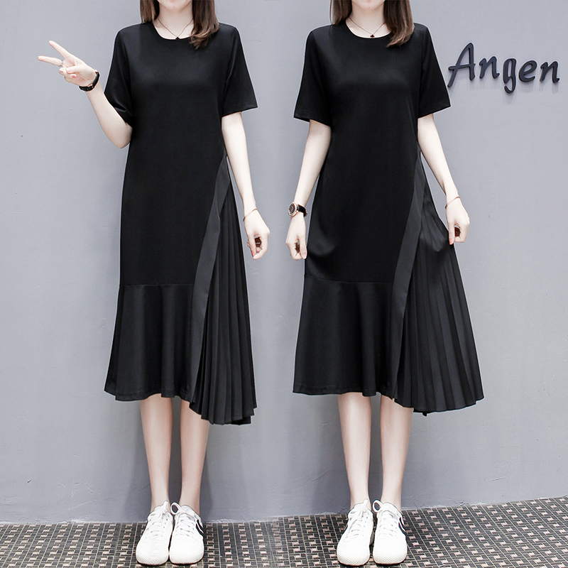 European station 2020 Summer new women's fashion in the middle of a long version splicing plexeats short sleeves Long sleeves Long dress fish tail foreign dress