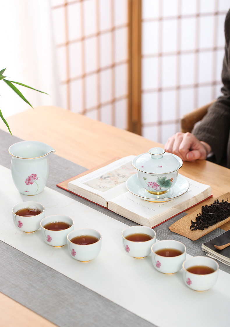 Chang, south jade porcelain ceramic hand - made paint lotus rhyme eight woolly tureen tea tea tea set jingdezhen ceramics
